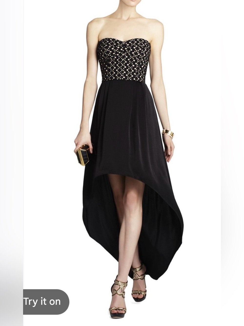 BCBGMaxAzria Tess Strapless Black High-Low Dress with Embellished Bodice, Size 8